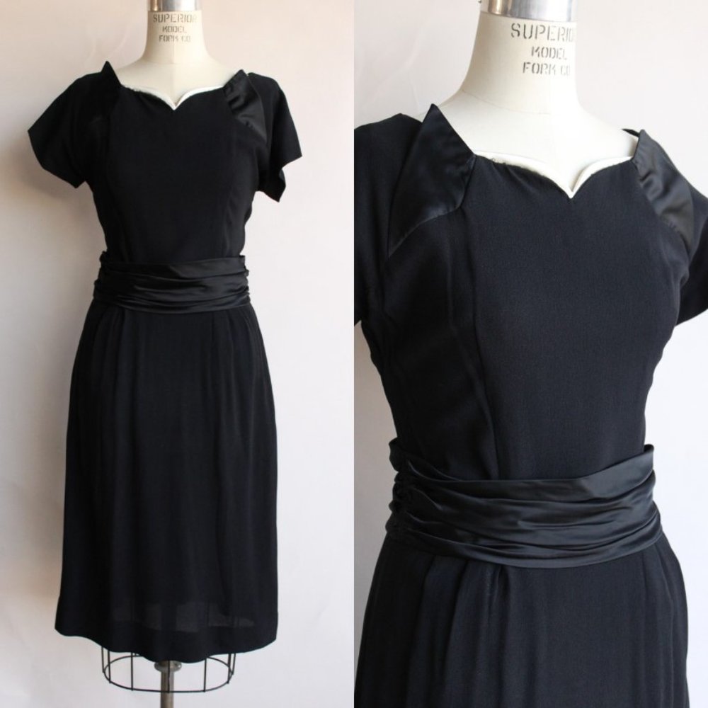 Vintage 1950s Dress / Black Rayon Dress With Cummerbund Belt and Sweetheart Neck